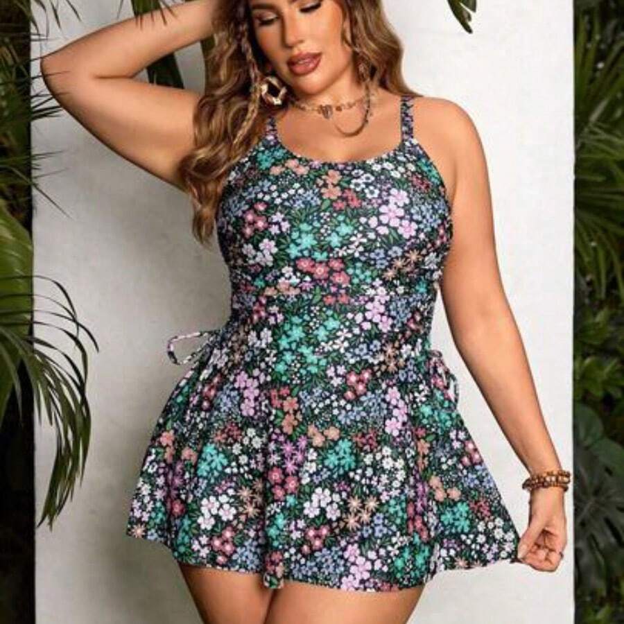 Swim Lushore Plus Size Women Summer Floral Print Bow Decor U-Neck Tankini Swimwear With Beach Dress - Verde militar - Ver 1