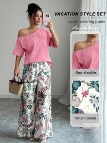2 piezas Conjunto de top asimétrico de cuello sólido y pantalones con estampado tropical, estilo casual de vacaciones - Rosa - Ver 7