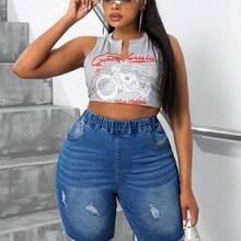 Plus Size Women's Autumn Pockets Distressed Elastic Waist Denim Biker Pants - Azul lavado medio - Ver 4