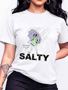 Casual Women's White Short Sleeve Round Neck T Shirt With Salty Graphic Print Drop Shoulder Knitted Fabric Tee Top - 白色 - 查看 1