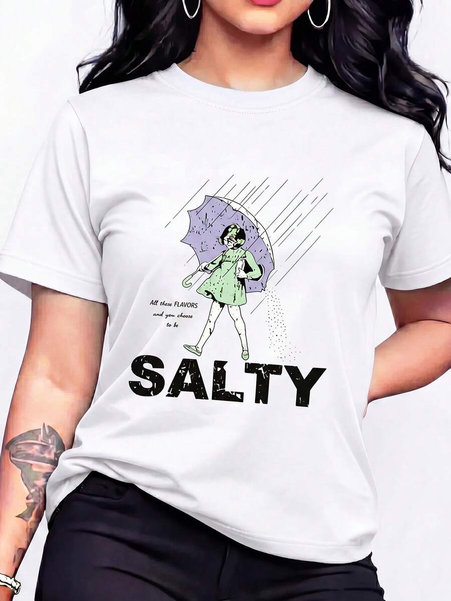 Casual Women's White Short Sleeve Round Neck T Shirt With Salty Graphic Print Drop Shoulder Knitted Fabric Tee Top - 白色 - 查看 1