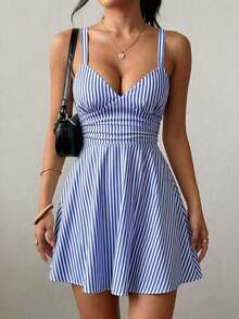 Vestido corto de punto sexy y elegante con escote en V, cintura fruncida y tirantes finos para mujer - Azul 2 - Ver 6