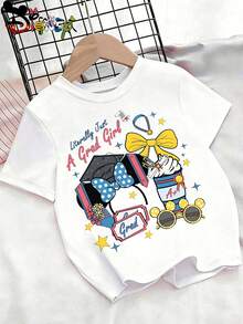 Disney Lilo & Stitch Stitch With Mickey Mouse Sketch Style Baby White T-Shirt, Cute Cartoon Print Sweatproof & Breathable Top For Toddler Girls - 白色 - 查看 3