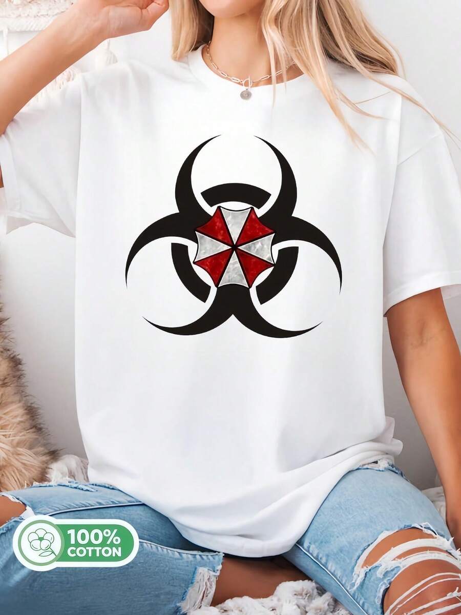 100% Cotton T-Shirt With Umbrella Corp Biohazard Logo, Unisex, For Horror Video Game Fans. - White - View 1