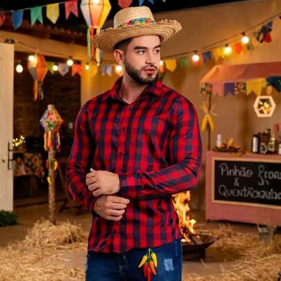 Camisa Social Masculina Xadrez Casual Confortável Manga Long