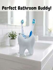 Creative & Fun Toothbrush Holder, Large White Tooth-Shaped Toothbrush Cup, Desktop Storage Decorative Ceramic Container For Toothbrush, Toothpaste, Planter, Vase, Bathroom Supplies. Ideal For Bathroom Decor In Back-To-School Season - White - View 4