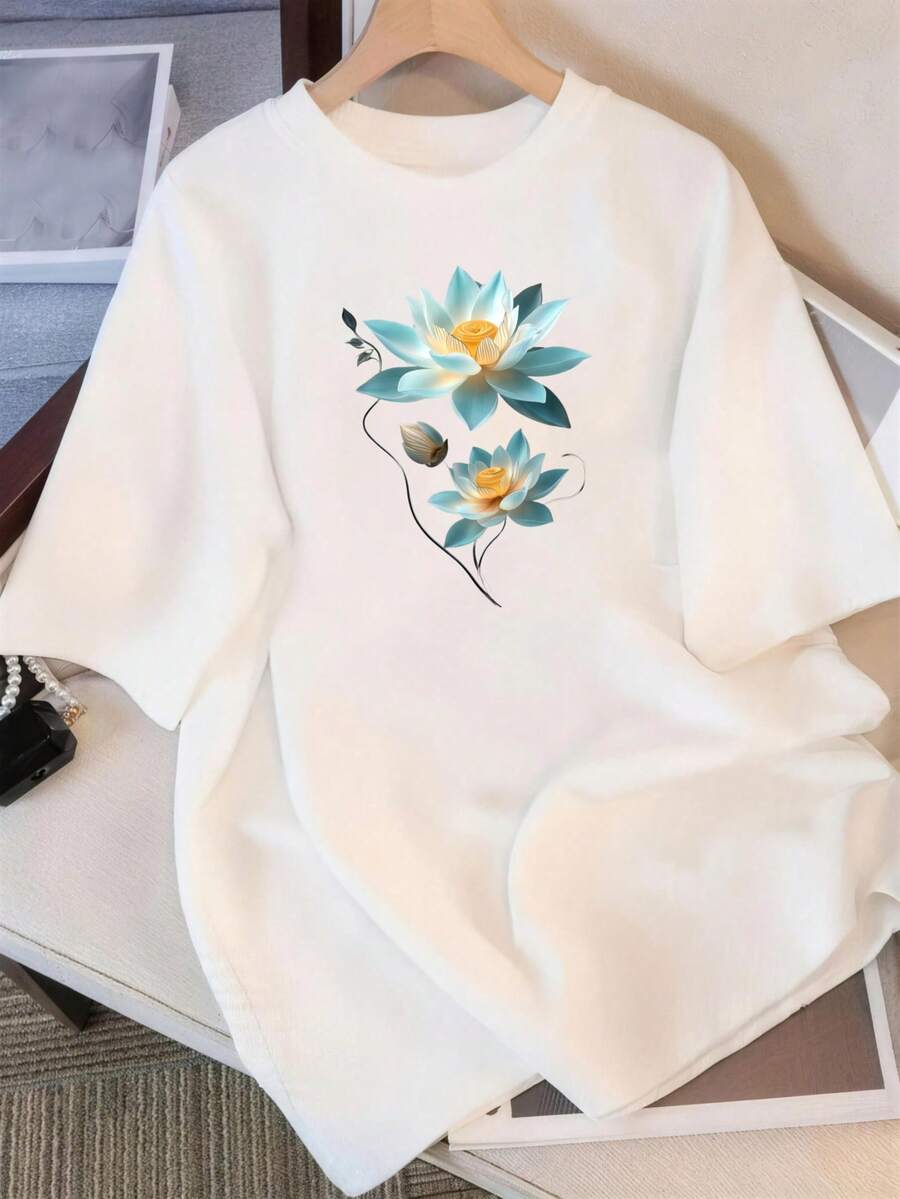 Women's Summer T-Shirts, Casual Style, Short Sleeve, Blue With Lotus Flower Design, Breathable, For Everyday Wear | Elegant Blouse For Women | Basic Top For Women 0GIX - 白色 - 查看 1