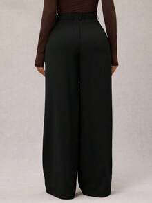 Pantalones anchos de pierna ancha de color café oscuro de moda minimalista para mujeres, pantalones de tela marrón de pierna ancha para el trabajo, pantalones de tiro alto de pierna ancha marrón para mujeres, pantalones de traje marrón para otoño/invierno - Negro - Ver 2