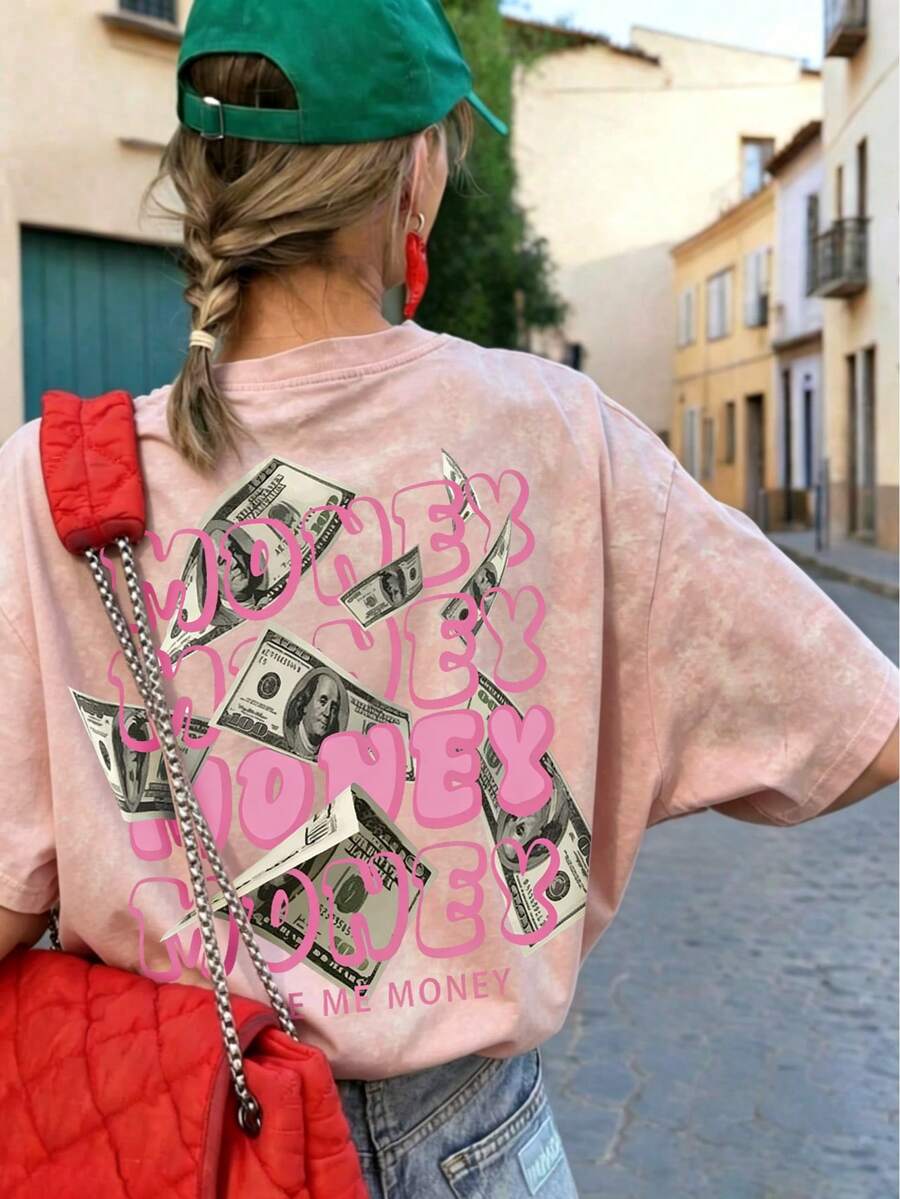 “Money Money Money”图案T恤，Y2K美元印花T恤，大胆街头风短袖，经典水洗休闲上衣
