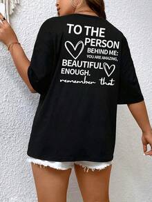 1 pieza Camiseta con hombros caídos y estampado con el eslogan "PARA LA PERSONA DETRÁS DE MÍ, ERES INCREÍBLE, LOUGHMENTE HERMOSA". Recuerda eso. Camisetas gráficas para mujer, 180g, 100% algodón, los diseños están impresos. Unisexo. - Negro - Ver 3