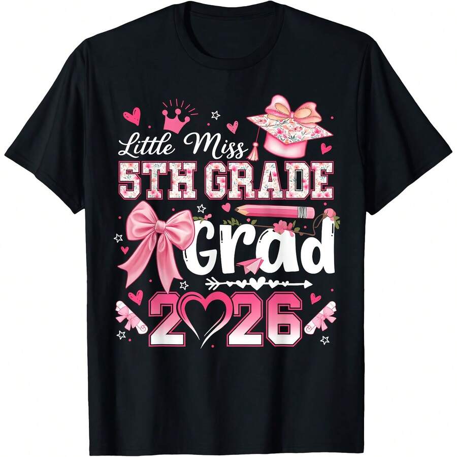 Little Miss 5th Grade Grad 2026 Girls Kids Graduation T-Shirt - Black - View 1