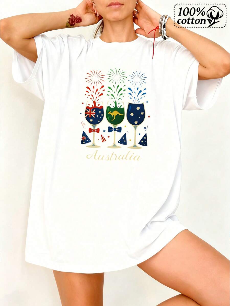 Camiseta blanca de mujer con impresión frontal de la bandera australiana, canguro y fuegos artificiales, perfectara fiestas informales