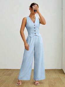 PETITE Conjunto de dos piezas a rayas para mujer: chaleco de verano y pantalones - Conjunto de dama elegante de ajuste regular con cremallera, camiseta de color caqui y pantalones, atuendo casual de dos piezas para uso diario en primavera/otoño - Celeste - Ver 7