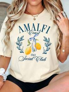 Women's Fall Amalfi Italy Lemon Graphic Tee, "AMALFI ITALY Social Club" Print, 180g Soft Slightly Stretch Cotton Round Neck Short Sleeve Casual Top - 杏色 - 查看 8