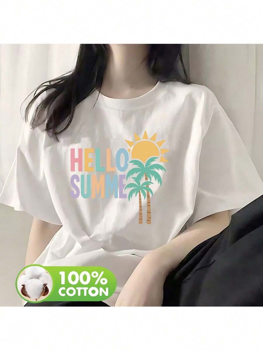 Camiseta con estampado frontal, HELLO SUMMER, Camiseta clásica con estampado de saludo de verano, Artículo de moda puro, Unisex, Clásica y versátil, Transpirable y cómoda, Camiseta Y2k. - Blanco - Ver 1