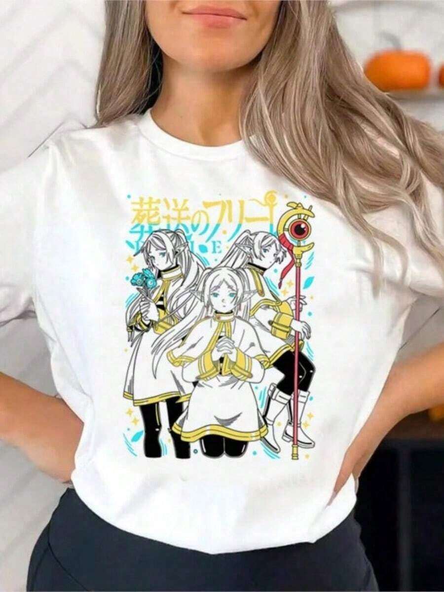 Camiseta navideña Frieren para mujer, con estampado gráfico de anime, estilo 2025s, camiseta gráfica SSy, ropa coreana, cómoda, estilo Y2k, camiseta. - Blanco - Ver 1