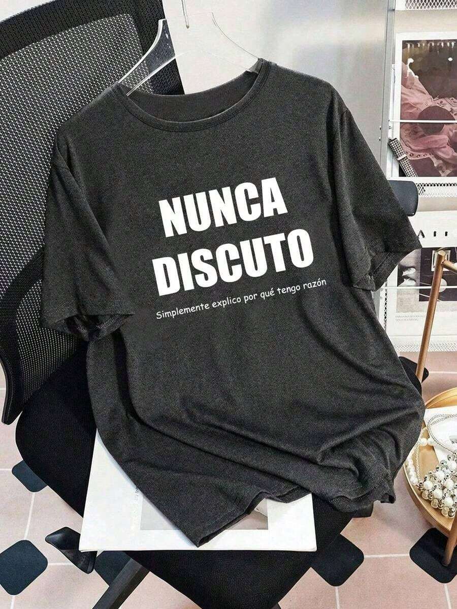 Camiseta gráfica con eslogan español de verano para mujer, uso diario casual y cómodo en color negro - Gris - Ver 1