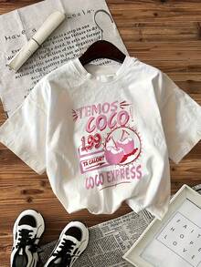 Camiseta Casual con Estampado para Mujer - Manga Corta, Cuello Redondo, "TEMOS COGO!"Estampado, Rosa con Texto Blanco y Corazones Rojos, Poliéster Ligero, Perfecto para Primavera y Verano, Camiseta Y2k - Blanco - Ver 10