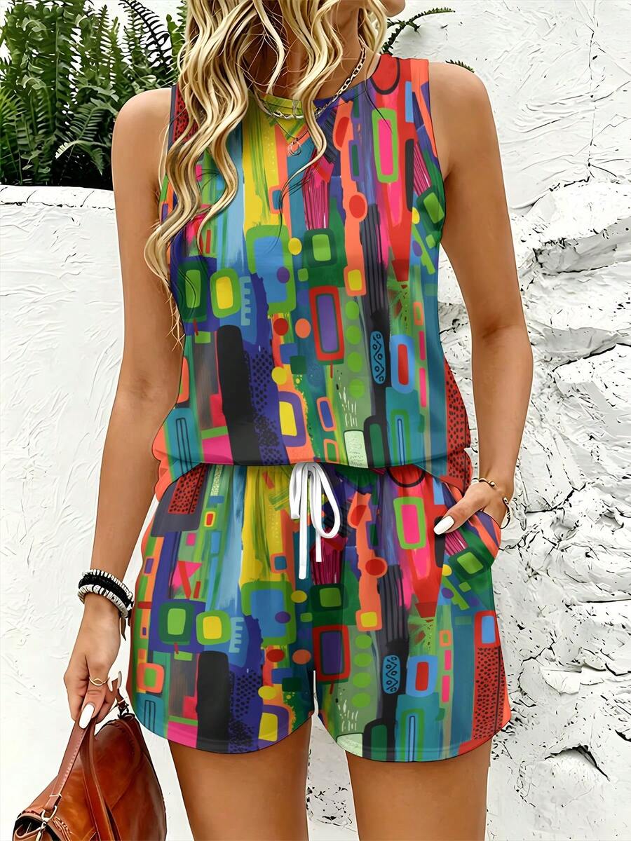 Women's Casual Vest And Shorts Two-Piece Set Colorful Geometric Shapes Abstract Pattern Print Everyday Home & Outdoor Sets,Machine Washable - phong cách - Xem 1