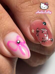 Sanrio Hello Kitty 24片 Y2K 短橢圓法式穿戴甲，可愛 3D 凝膠 Hello Kitty、水鑽、蝴蝶結與愛心裝飾設計，適用於壓克力假指甲組，含 1 片果凍膠與 1 個指甲锉，適合女性與女孩日常及派對使用 - 彩色 - 查看 3