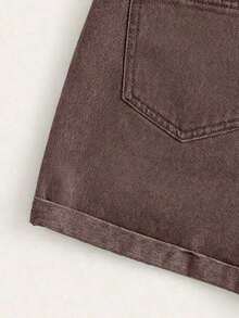 Pantalones cortos vaqueros de cintura alta enrollados para el verano - Café integral - Ver 4