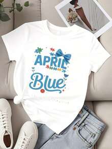 Camiseta de cuello redondo para mujer, con estampado de piezas de rompecabezas azules y lazo, manga corta, para el Mes de Concientización sobre el Autismo. - Blanco - Ver 2