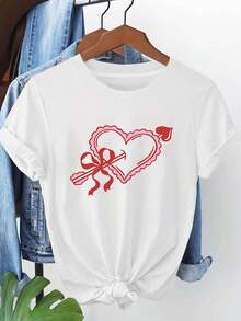 Camiseta de talla grande para mujer con estampado gráfico de flecha de amor, manga corta y cuello redondo, top casual para verano y primavera, ropa de mujer - Blanco - Ver 5