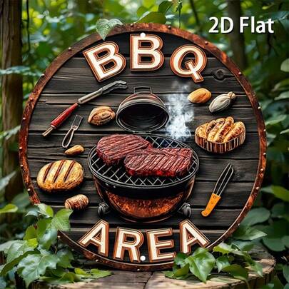 Tranh treo tường 2D phẳng - Logo khu vực nướng BBQ bằng gỗ không 3D (8 inch * 8 inch), phong cách nghệ thuật trang trí tường BBQ cổ điển, trang trí ngoài trời chủ đề BBQ với hình ảnh bít tết và dụng cụ, trang trí quán bar/quán cà phê/sân hiên kiểu cổ điển, đã được khoan sẵn lỗ, kiểu dáng như trong hình ảnh kích thước.