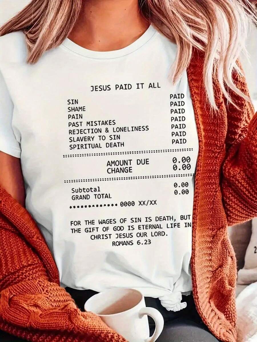 Camisetas Cristianas Casuales para Mujer con un Diseño que Dice 'Lo Pagué Todo'. Esta camiseta de manga corta y cuello redondo es perfecta para todas las estaciones, hecha de tela con un peso de 180 gramos, lo que la convierte en un regalo ideal para el Día de Acción de Gracias o Navidad. - Blanco - Ver 1