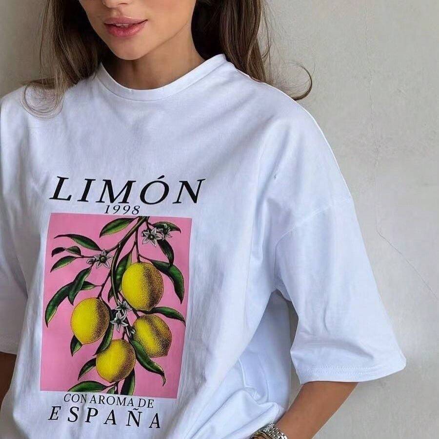 Casual y divertida, esta nueva camiseta de verano estampada, holgada, favorecedora de la figura, de estilo americano, es versátil y está de moda. - Camisa blanca de manga corta - Ver 1