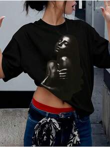 Camiseta holgada de manga corta con estampado divertido, estilo americano, a la moda, elegante top de cuello redondo, camiseta básica de verano. - Camisa negra de manga corta - Ver 2