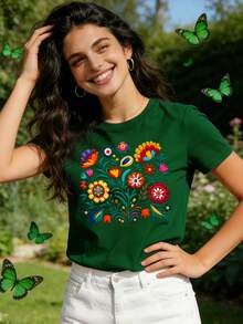 Soft 100% Cotton T-Shirt, With Mexican Style Floral Print And Lettering, Short Sleeves And Round Neck, Casual Women's Clothing, Breathable Cotton T-Shirt, Versatile And Modern. - 綠色 - 查看 4