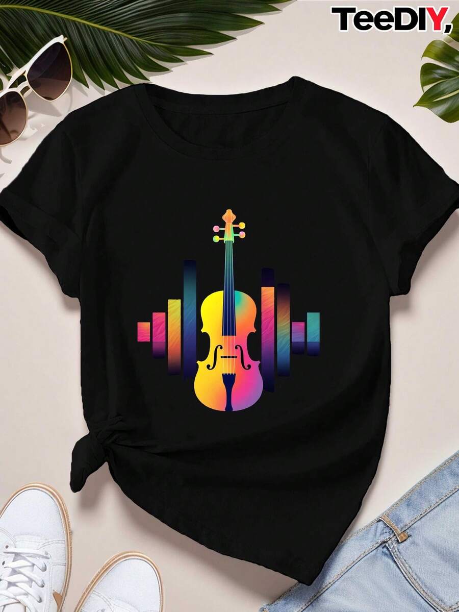 VivaGlam-Women'S Plus Size Music-Themed T-Shirt - Colorful Violin & Soundwave Graphic Print, with Multicolor Music Notes, Casual Round Neck Short Sleeve Top for Music Lovers - Negro - Ver 1