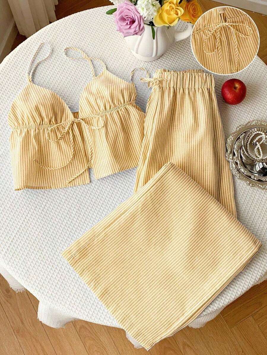 2 piezas Conjunto casual de vacaciones con rayas tejidas amarillas para mujer, /verano - Amarillo 2 - Ver 1
