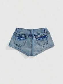 SHEINxHITOMI ROMWE Shorts de Mezclilla para Mujer, Estilo Vintage, Desgastados, de Cintura Baja, con Tachuelas y Calaveras, Sexy - Azul 2 - Ver 2