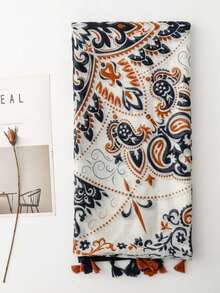 Bohemian Cashew Flower Print Tassel Scarf, Retro Paisley Pattern Shawl, Versatile Polyester Chiffon Scarf - White - View 6