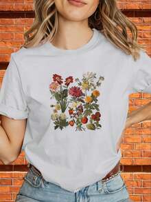 Camiseta de Diseño "Azul Marino Floral" para Mujer, Estilo Y2K, con Estampado Geométrico y Logotipo, Corte Holgado, Manga Corta, Color Negro y Dorado, Camisa Casual de Verano, Tejido Elástico Lavable a Máquina (Antiarrugas), Adecuada para Uso Casual y en Capas. - Blanco - Ver 12