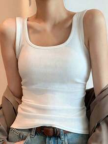 Women's Square Neck Seamless Camisole Basic Black Slim Fit Sleeveless Shirt Vest Underwear Ribbed Double Layer Lining Camisole Spaghetti Strap Top Minimalist Shirt Spring/Summer Activewear Wide Strap Camisole Elastic Sportswear U-Neck Outdoor Vest Ladies Sleeveless Undershirt Fashion Daily Wear - White - View 1