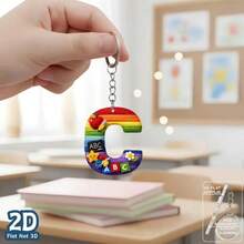 1pc 2D Flat Acrylic Alphabet Keychain, Rainbow Letter Key Ring With School Theme Decor, Personalized Initial Bag Charm, - Multicolor - View 32