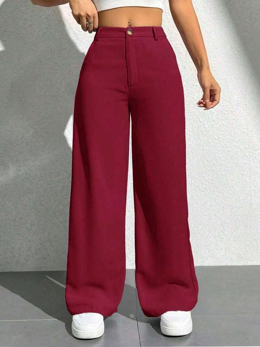 Pantalones anchos de unicolor informal para mujeres - Burdeos - Ver 1