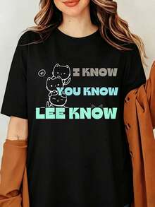 LEES KNOW Strays Kidss K-Pop I Know You Know Cat Cartoon Graphic Print T-Shirt, Kids Sizes I Know You Know Know Themed T-Shirt - Black - View 1