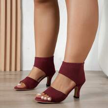 Black High Heel Peep Toe Roman Sandals, Women's Elastic Knit Super Breathable Fashion Hollow Out Sandals - Red - View 3