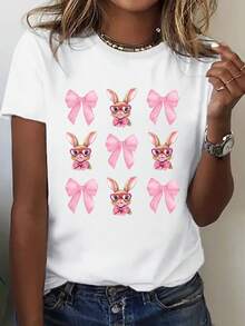 1 Women's Easter Graphic Tee - Cartoon Rabbit Print And Pink Bow, Comfortable Casual Fit, Machine Washable, Easter Gift For Women And Teens, Spring And Summer Casual Wear, Fun Design, Comfortable Fit, Durable Fabric, Y2k Tee. - 黑色 - 查看 10