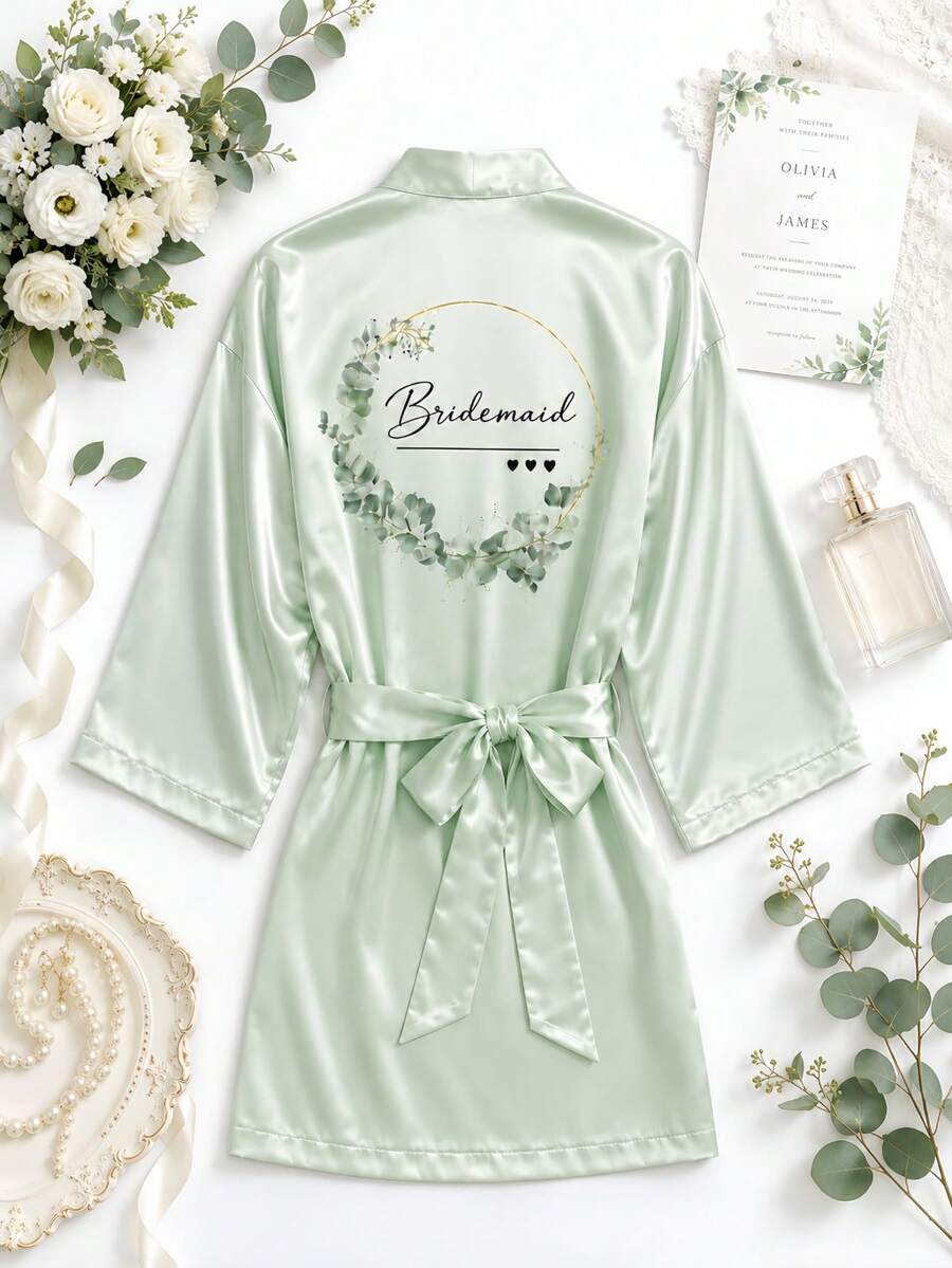 Green Bridesmaid Robe, Solid Satin Sexy Tie Sleepwear, Suitable For Vacation, Gift, Party, Bride, Bridesmaid, Wedding Supplies And Bachelorette Party - Mint Green - View 1