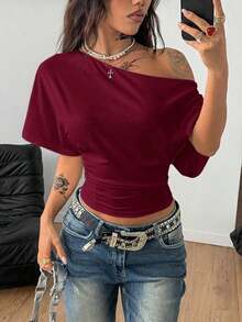 Camiseta esencial de uso diario con cuello asimétrico y cintura ceñida, apta para todo el año, para conciertos y raves con estilo Y2K para mujeres - Multicolor 9 - Ver 5