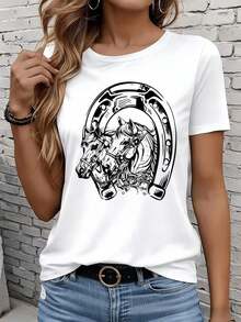 Camisetas de manga corta para mujer en blanco y negro son adecuadas para el ocio diario, el hogar y los viajes al aire libre. Camiseta blanca con diseño de caballo y herradura para mujer, camiseta gráfica de moda casual, ideal como regalo para fiestas o vacaciones. - Blanco - Ver 7