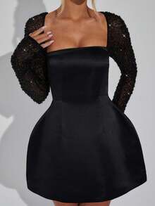 Vestido mujer 2026, cuello cuadrado escote bajo liso, manga larga con encaje combinado, corte A elegante - Negro - Ver 3