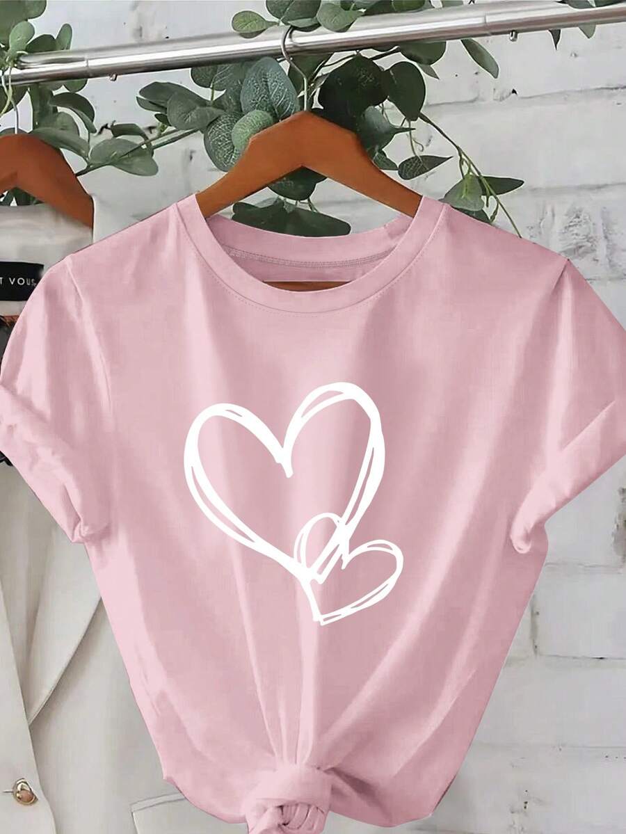 Plus Size - Plus Size - White Day, Exquisite Heart Design, Elegant Short Sleeve T-Shirt With Round Neck Print, Plus Size Women's Clothing, Women's Apparel - 粉色 - 查看 1