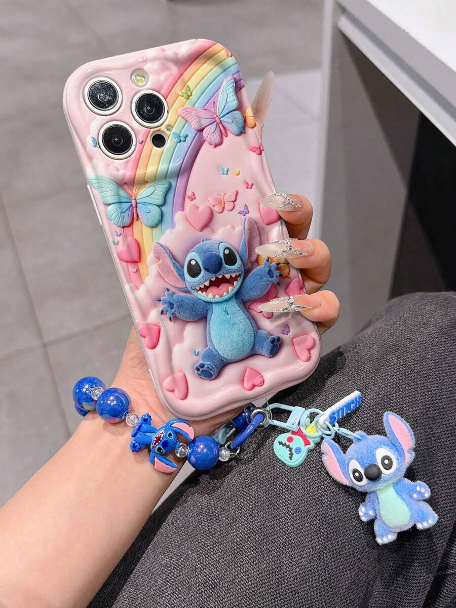 Disney Has Authorized, Phone Case - Chain Set, The Stitch Lilo & Stitch 3D Phone Case Plus A Silicone 3D Stitch Bracelet With Metallic Ring Removable Bracelet, Stitch And Angel Pattern, Compatible With Iphone17/16/15/14/13/12/11/XS/XR/X Plus Pro Max, A Stylish Cartoon Phone Case, The Perfect Gift Choice, Phone Protection, Durable Phone Cover, Great Gift For Friends And Family. - 白色 - 查看 1