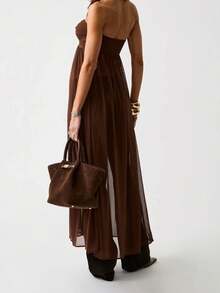 Women's Long Halter Tops Summer Fashionable Solid Color Mesh Patchwork Backless Sleeveless Vest - Coffee Brown - View 2